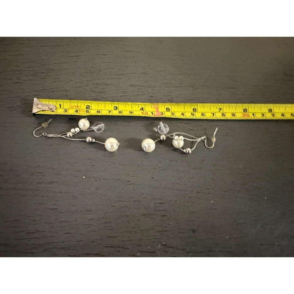 Vintage Silver Tone Faux Pearl Multi Strand Dangle Drop Earrings Clear Bead 2in